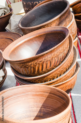 Empty Pottery Crockery in Rustic Style. photo