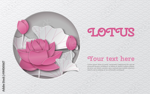 Oriental pattern horizontal banner with cut round frame and floral background with pink lotus flowers decoration. Vector illustration, paper cut out art style. Caption lotus. Layers are isolated