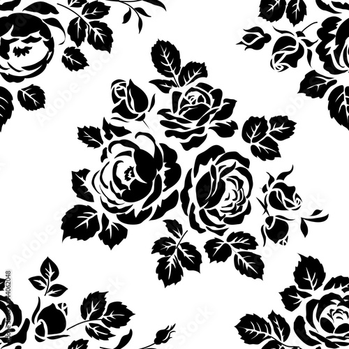Monochrome seamless background with vintage rose silhouettes. Vector seamless pattern