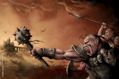 digital illustrated of fantasy medieval battle war with orc character