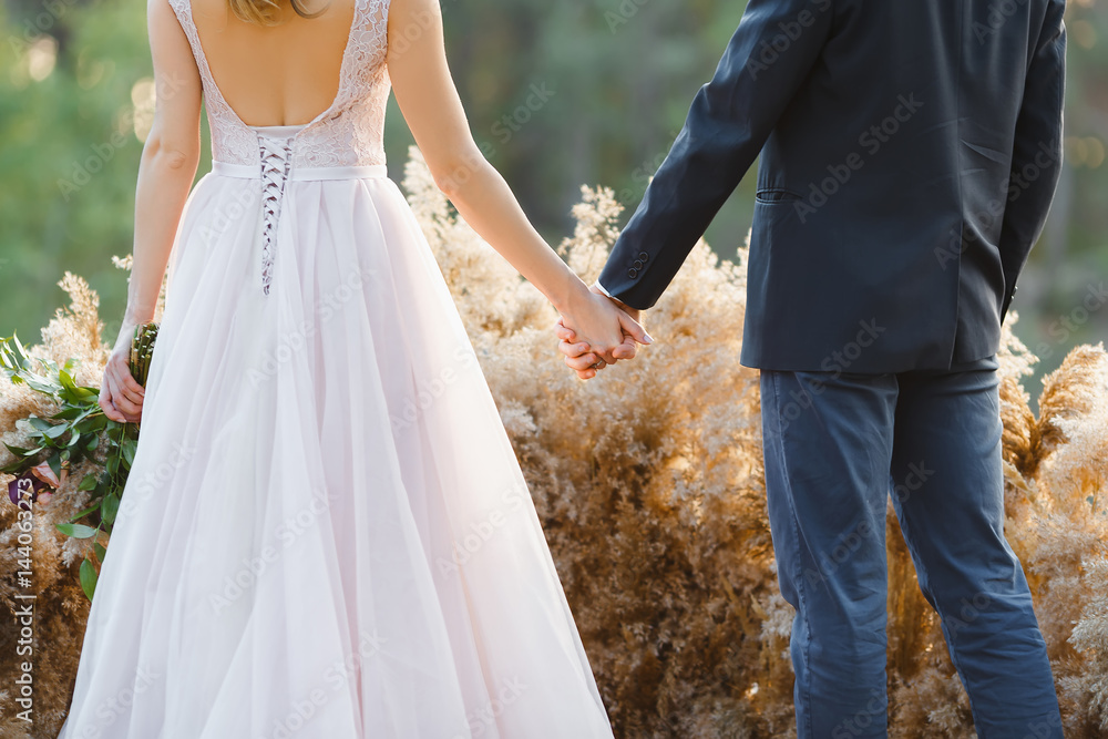 Married couple standing back and holding hands Married couple standing back and holding hands