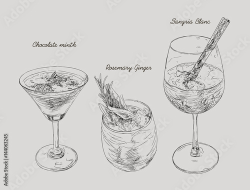 Cocktails - set of hand-drawn drinks, chocolate mint , Ginger rosemarry, Sangria Blanc.