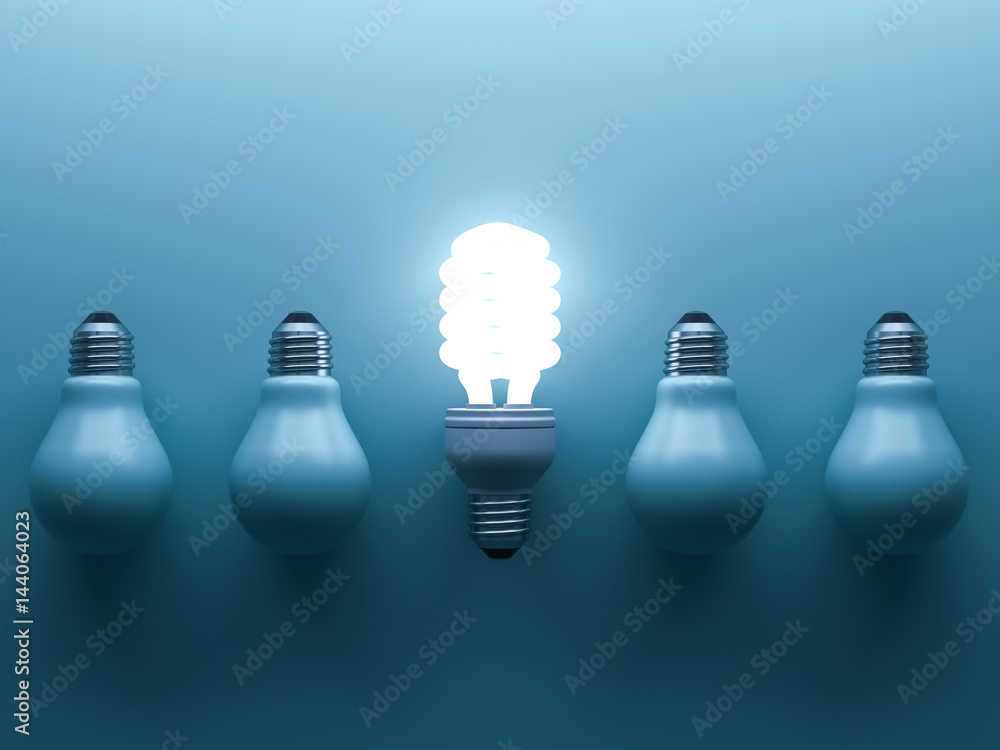 © masterzphotofo - Energy saving light bulb up , one glowing fluorescent lightbulb standing out from unlit down incandescent bulbs on blue background , individuality and different creative idea concepts . 3D rendering. © masterzphotofo - Energy saving light bulb up , one glowing fluorescent lightbulb standing out from unlit down incandescent bulbs on blue background , individuality and different creative idea concepts . 3D rendering.