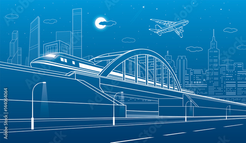 Train traveling along the railway bridge, highway. Urban infrastructure illustration, modern city on background, industrial architecture, towers and skyscrapers, arplane fly. Vector design art 