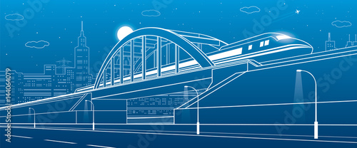 Train traveling along the railway bridge, highway. Urban infrastructure illustration, modern city on background, industrial architecture, towers and skyscrapers, arplane fly. Vector design art 