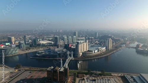 Aerial view of Salford Quays and Media City in Manchester, UK.