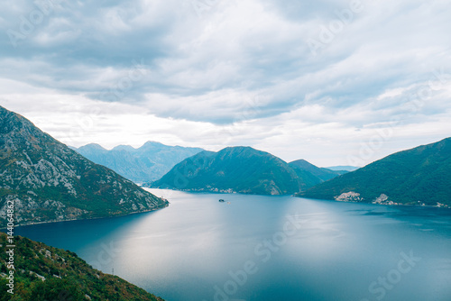 The island of Gospa od Skrpela, Kotor Bay, Montenegro. View from the high mountain above Risan.