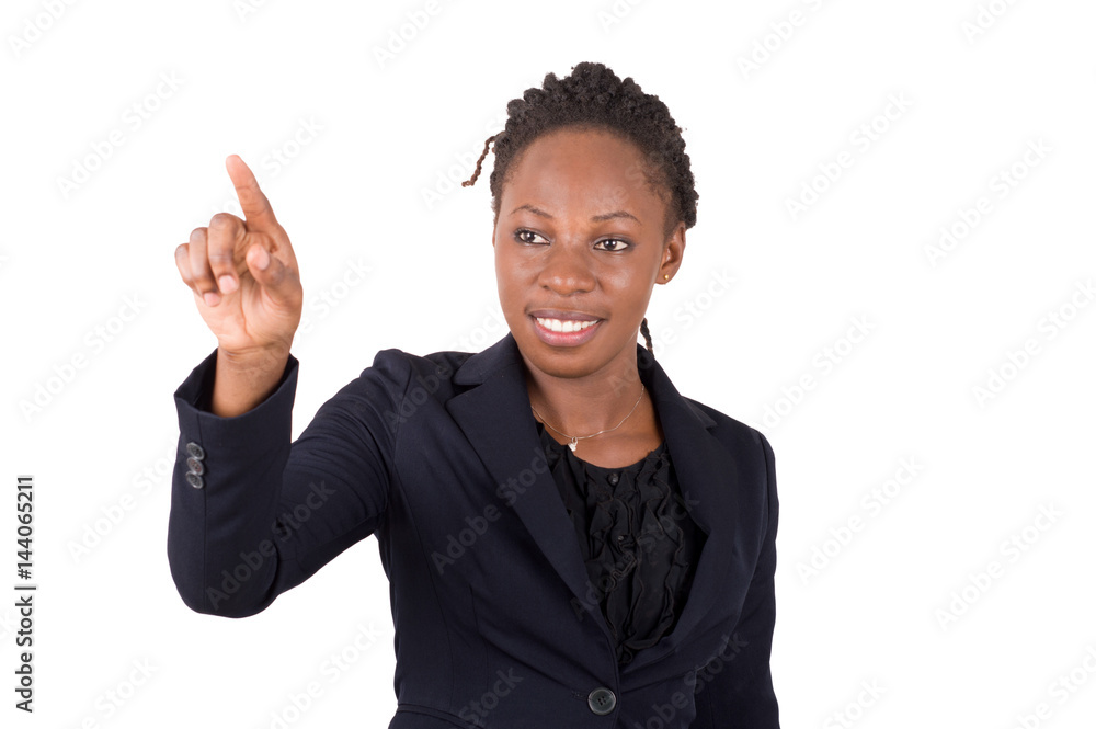 Young business woman touching a touch screen isolated on white background. Young business woman touching a touch screen isolated on white background.