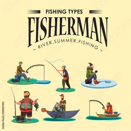 Set of cartoon fisherman catches fish sitting boat fisher threw fishing rod into water, happy fishman holds catch and spin, man pulls net out of the water, fishing on ice icon vector illustration