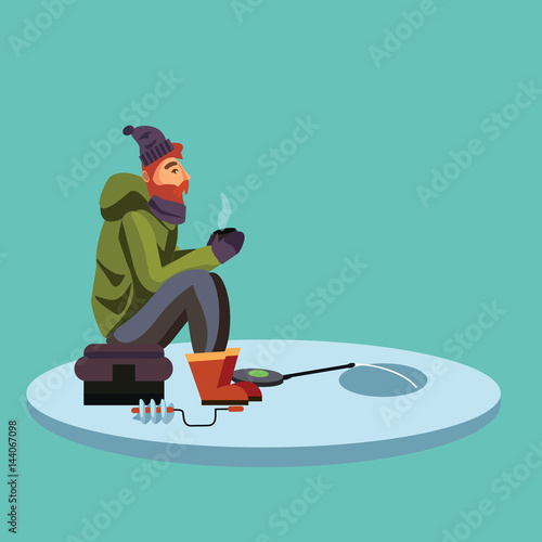 Flat fisherman hat sits on bag with spin fishing rod in hand and catches bucket, Fishman crocheted spin into the ice-hole waiting big fish funny vector illustration, Man active banner concept.