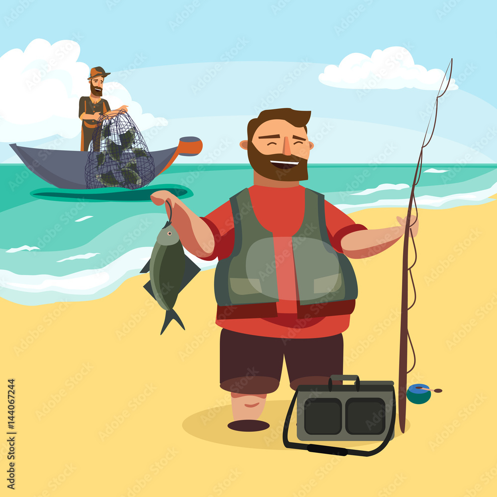 Happy fisherman stands and holds in hand fishing rod with spinning and fish  catch, bag with fishman spin and equipment, funny cartoon vector  illustration, Man active vacation banner or Flyer concept Stock