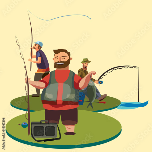 Happy fisherman stands and holds in hand fishing rod with spinning and fish catch, bag with fishman spin and equipment, funny cartoon vector illustration, Man active vacation banner or Flyer concept