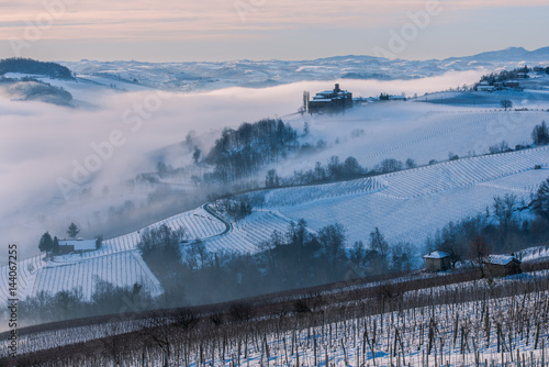 Italy, Piedmont,Cuneo district, Langhe, the castle of Volta near Barolo during a winter morning