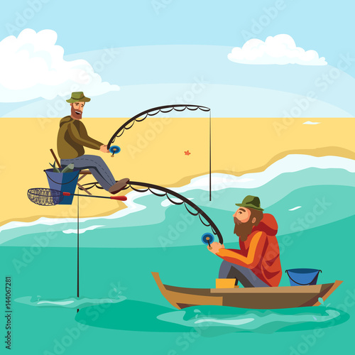 Flat fisherman hat sits on boat with trolling fishing rod in hand and catches bucket, Fishman crocheted spin into the sea waiting big fish funny vector illustration, Man active banner concept.