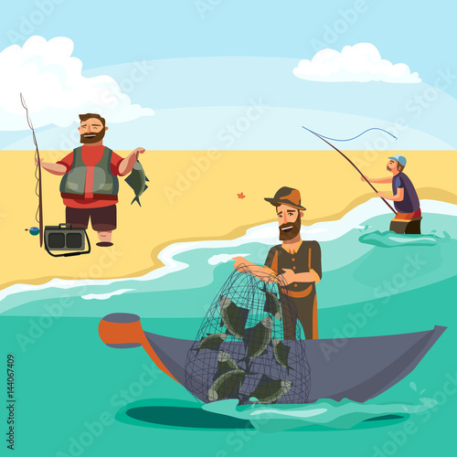 Cartoon fisherman standing in hat and pulls net on boat out of sea, happy fishman holds fish catch and spin vecor illustration fisher threw fishing rod into water concept, man active hobby character