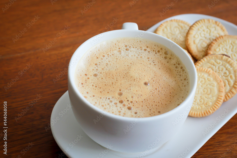 Coffee with white cup on wooden background Coffee with white cup on wooden background