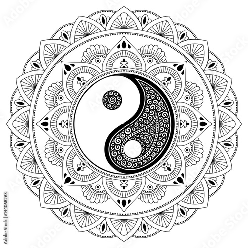 Vector henna tatoo mandala. Yin-yang decorative symbol. Mehndi style. Decorative pattern in oriental style. Coloring book page.