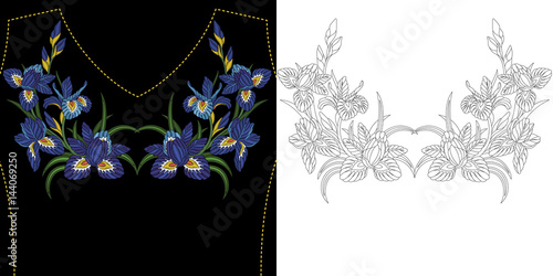 Embroidery neckline design. Collection of floral elements for dresses, shirts and blouses. Coloring book page with symmetric iris flowers bouquets.