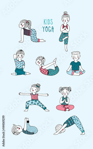 Kids yoga set. Children perform exercises, asanas, postures, meditation. Hand drawn vector illustration.
