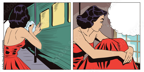 Departing train. Girl is sad after parting.