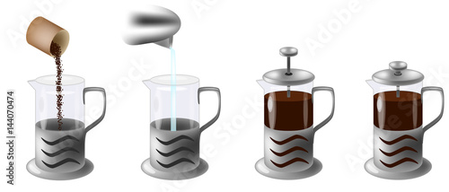 vector illustration instruction how to make coffee in french press, Manual in four steps