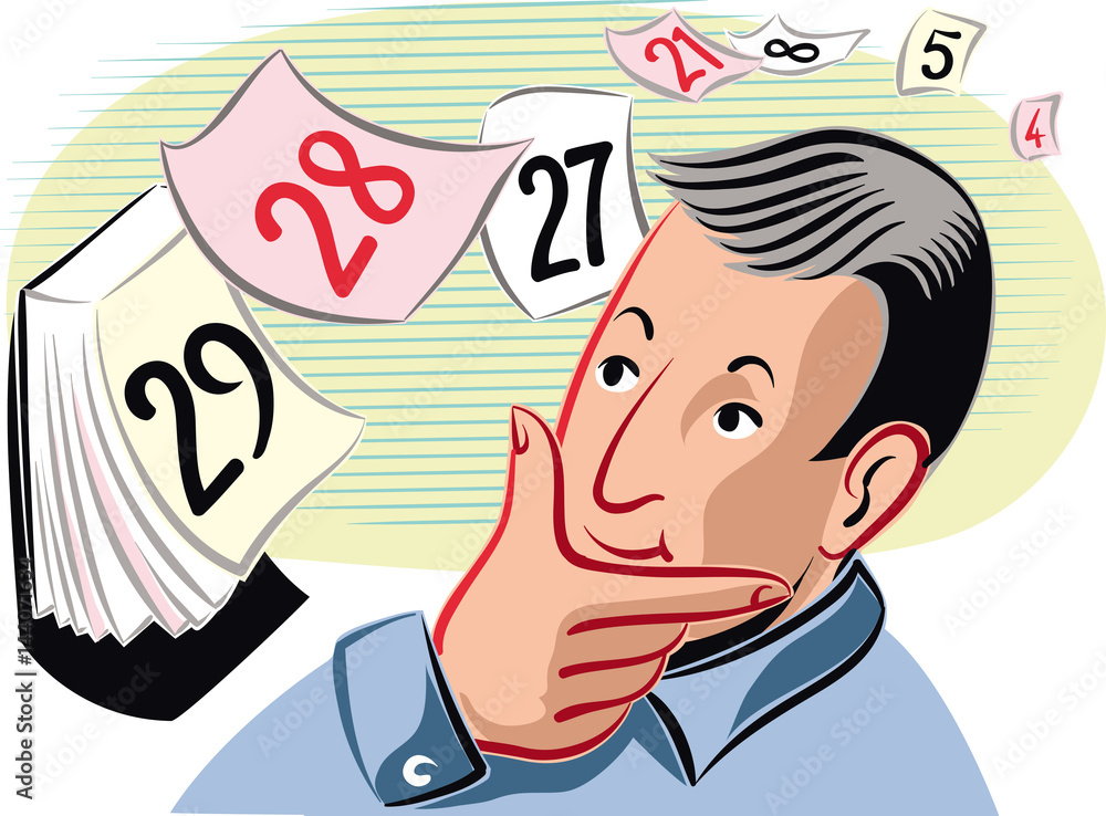 Man looking the passage of time, looking at the calendar. Stock Vector | Adobe Stock Man looking the passage of time, looking at the calendar. stock vector | adobe stock