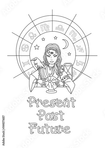 The oracle girl predicts the future on a magic ball. Coloring page.The past, the present and the future vector illustration