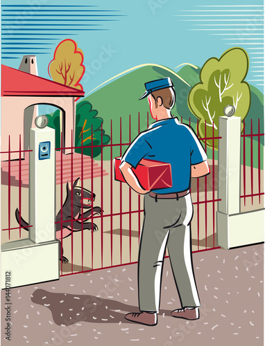 Delivery boy with a package to be delivered, in front of a gate of a villa, defended by a ferocious dog.
