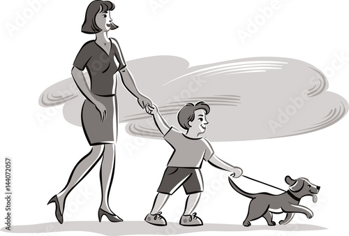 Young skinny with baby and dog during a walk.