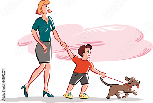 Young skinny with baby and dog during a walk.