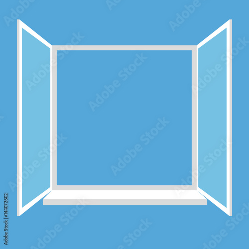 Opened simple window isolated on blue background. Vector illustration of minimalistic window frame.
