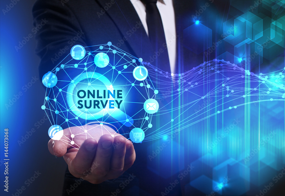 Fototapeta premium Business, Technology, Internet and network concept. Young businessman working on a virtual screen of the future and sees the inscription: Online survey