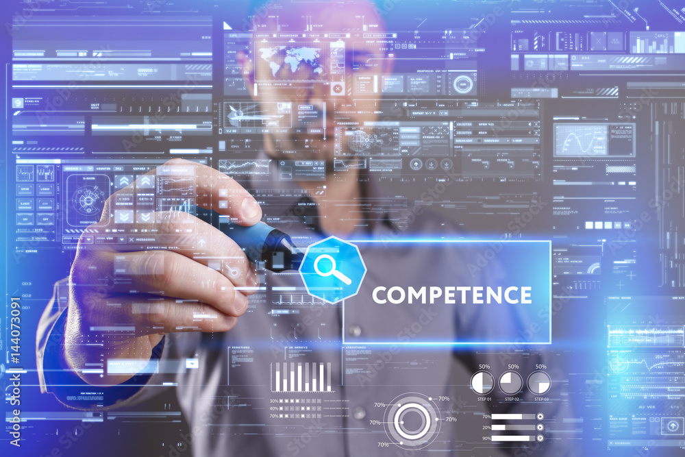 Business, Technology, Internet and network concept. Young businessman working on a virtual screen of the future and sees the inscription: Competence Business, Technology, Internet and network concept. Young businessman working on a virtual screen of the future and sees the inscription: Competence