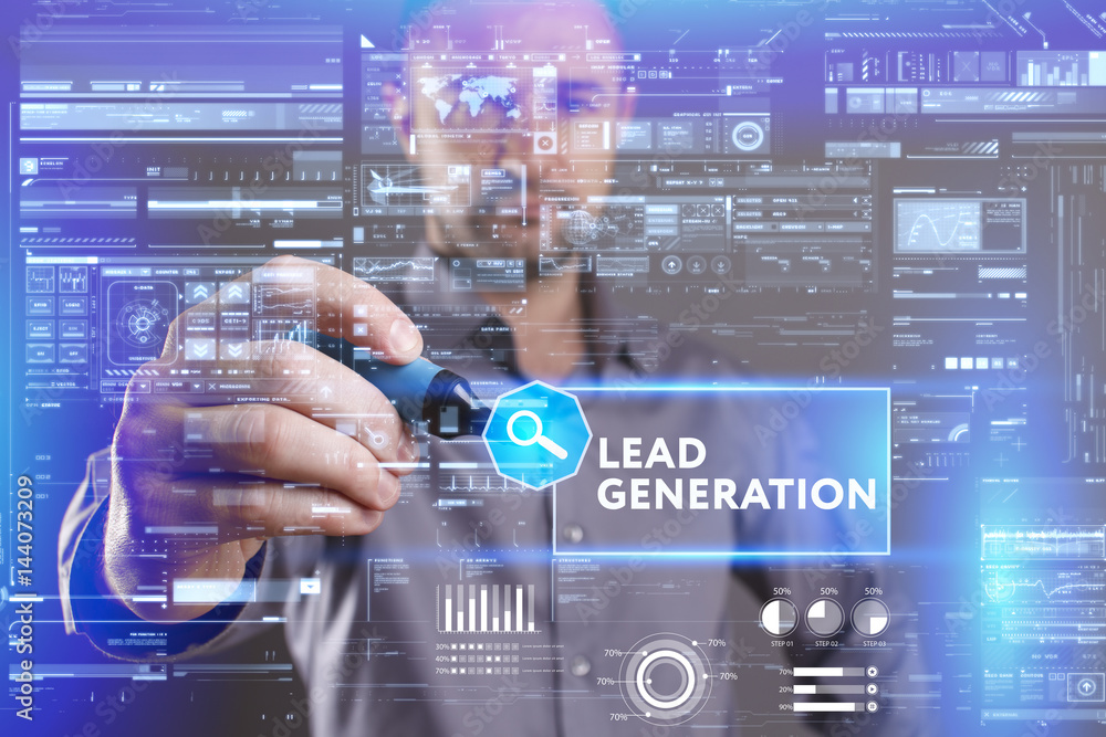 Business, Technology, Internet and network concept. Young businessman working on a virtual screen of the future and sees the inscription: Lead generation Business, Technology, Internet and network concept. Young businessman working on a virtual screen of the future and sees the inscription: Lead generation