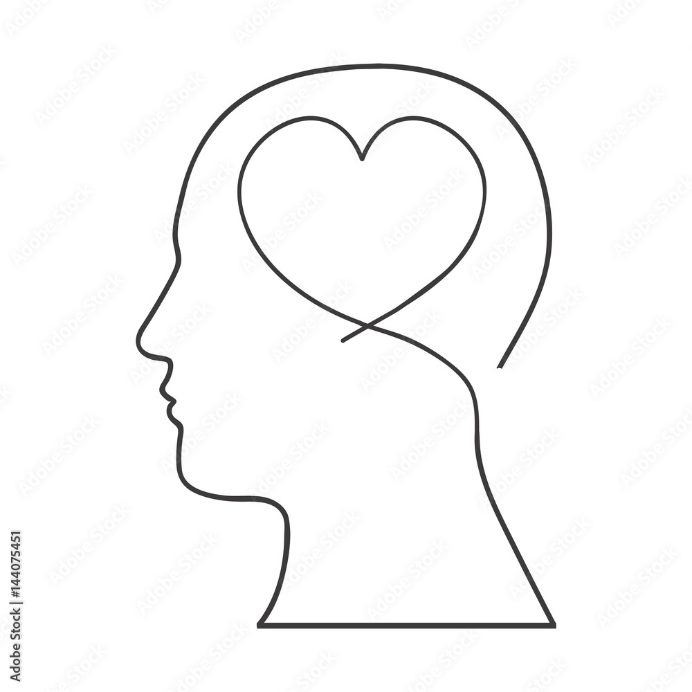 monochrome silhouette of human head with heart in mind vector illustration monochrome silhouette of human head with heart in mind vector illustration