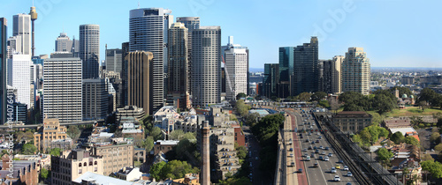 Sydney City panorama, with traffic entering the Sydney Harbour Bridge