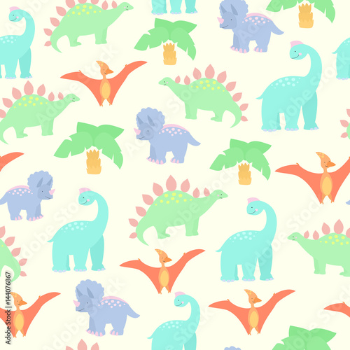 Seamless background with dinosaurs in cartoon style. Four species of dinosaur and palm tree