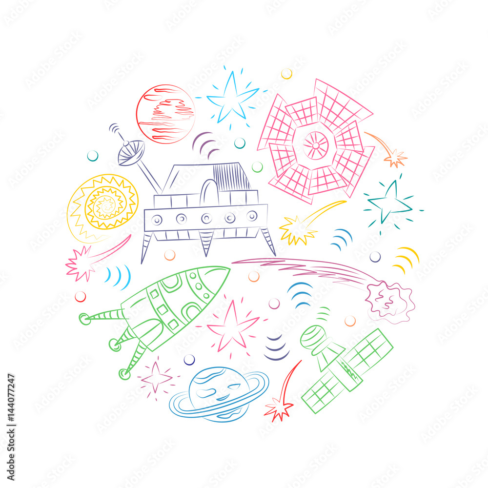 Colorful Hand Drawn Doodle Spaceships, Rockets, Falling Stars, Planets and Comets Arranged in a Circle. Sketch Style. Vector Illustration.
