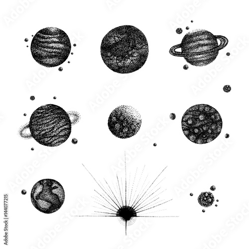 Set of various isolated solar system planets in vintage dotwork style. Hand drawn illustration on white background.