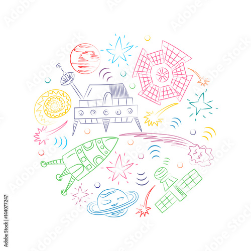 Colorful Hand Drawn Doodle Spaceships, Rockets, Falling Stars, Planets and Comets Arranged in a Circle. Sketch Style. Vector Illustration.