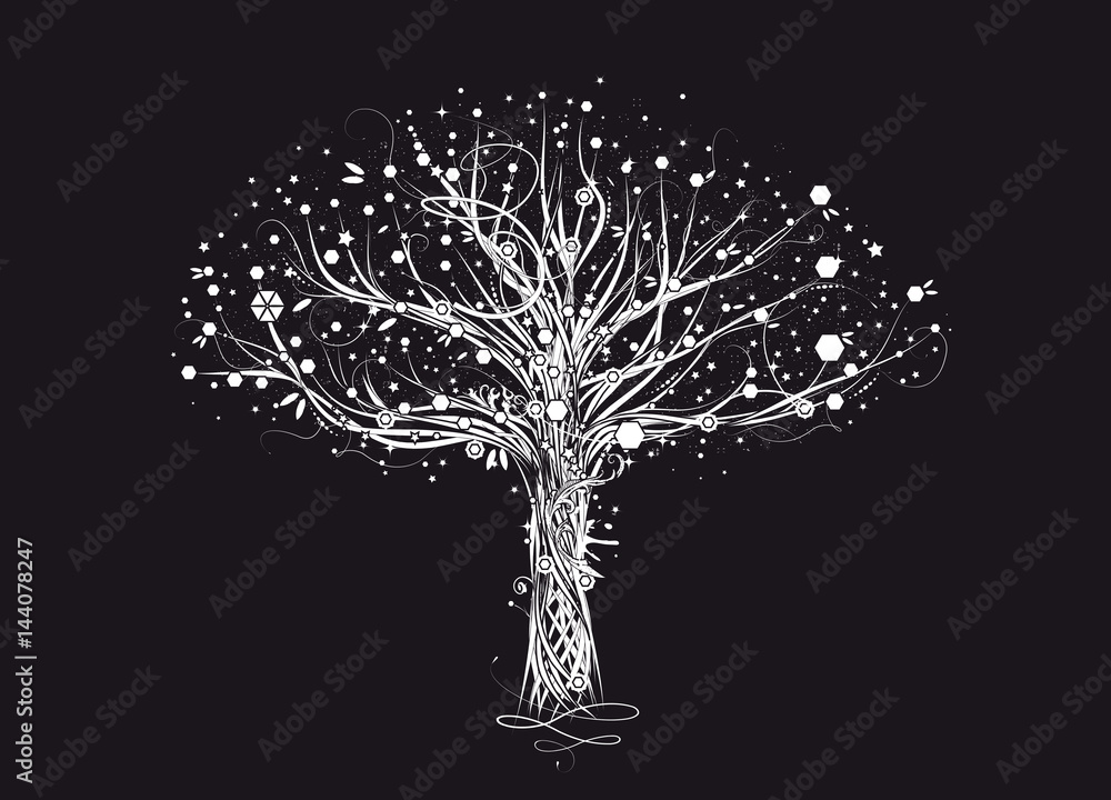 ein alter weißer Baum.
Die Zweige leuchten im Mondschein und die Sterne der klaren Nacht tanzten in der Baumkrone. - obrazy, fototapety, plakaty 