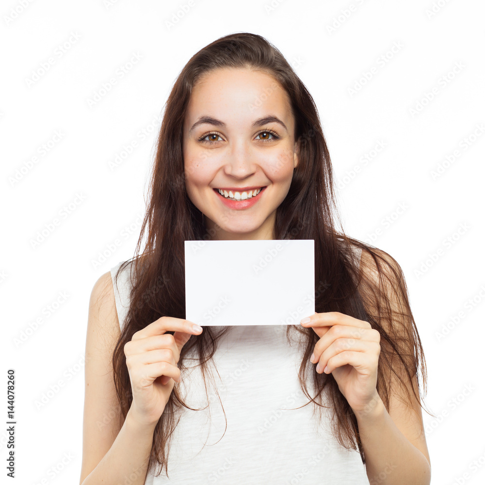 Happy young woman displaying at a blank signboard Happy young woman displaying at a blank signboard