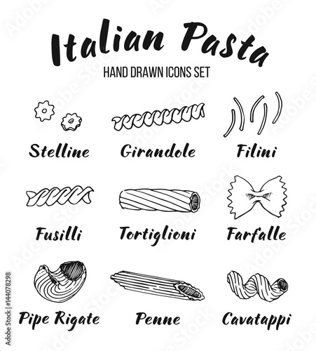 Italian Pasta, shapes and names set. Vector illustration