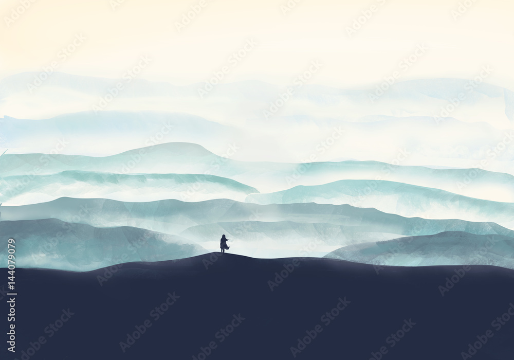 Abstract illustration. Girl looks at the mountains. Digital painting.