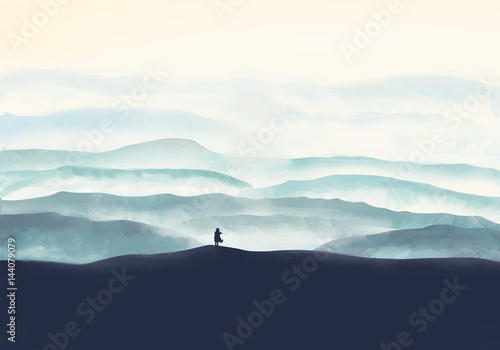 Abstract illustration. Girl looks at the mountains. Digital painting. © jenteva