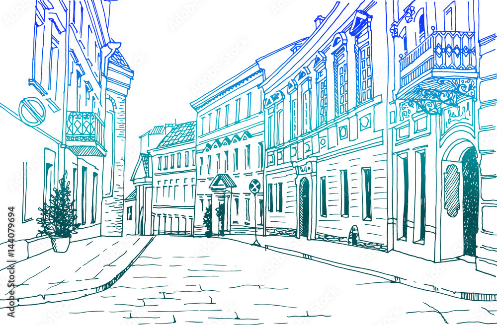 Old city street in hand drawn color sketch style. Small European city. vintage landscape on white background