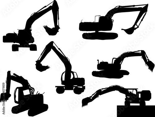 six black excavator silhouettes isolated on white