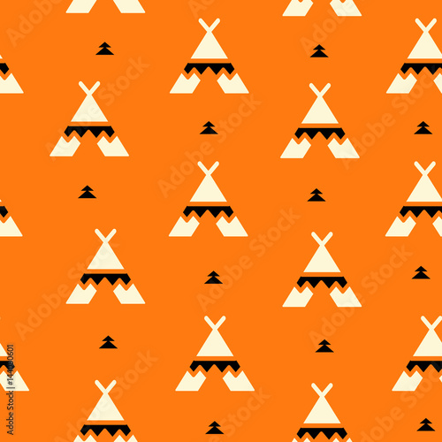 Summer pattern with wigwam and  black triangles. Aztec design. Vector background.