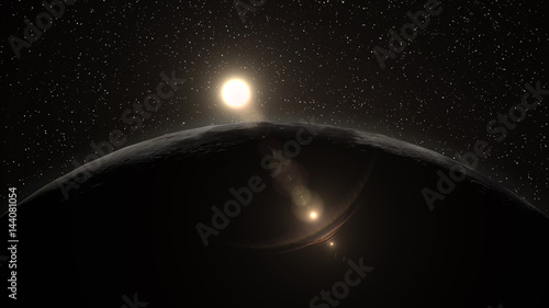 Fototapeta Naklejka Na Ścianę i Meble -  Sunrise over the Moon horizon, a low hanging sun lighting the Moon surface slightly. Elements of this 3d illustration are furnished by NASA.