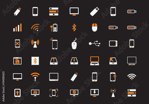 Technological icon set. Orange, white.